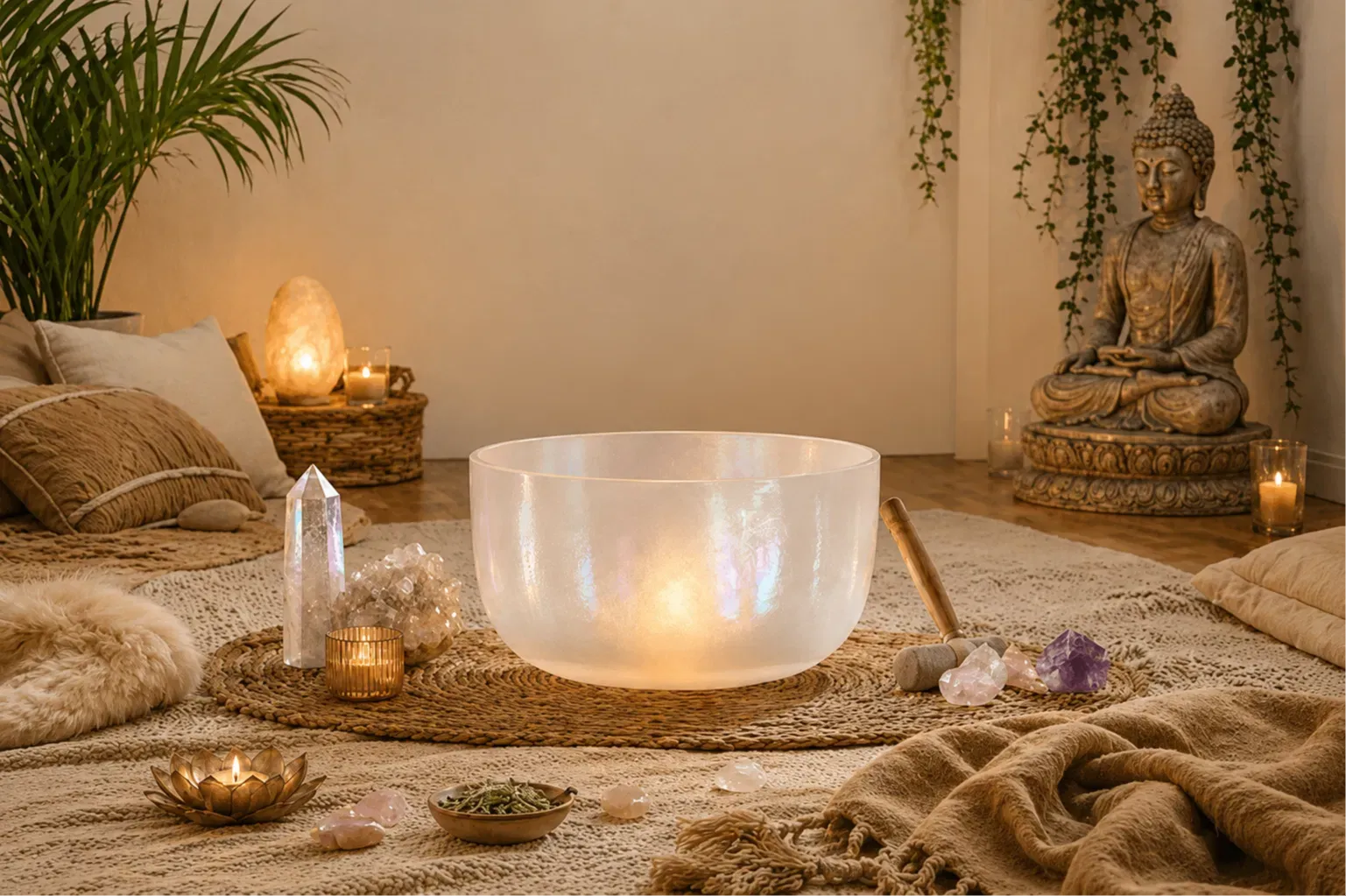 A warm crystal and sound healing sanctuary prepared for a quiet session